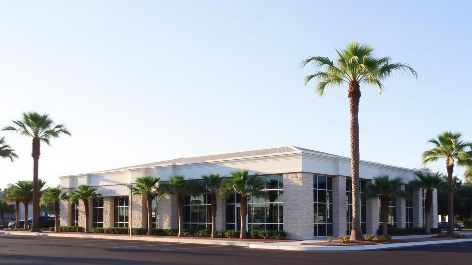Contemporary low-rise professional office building framed by palms