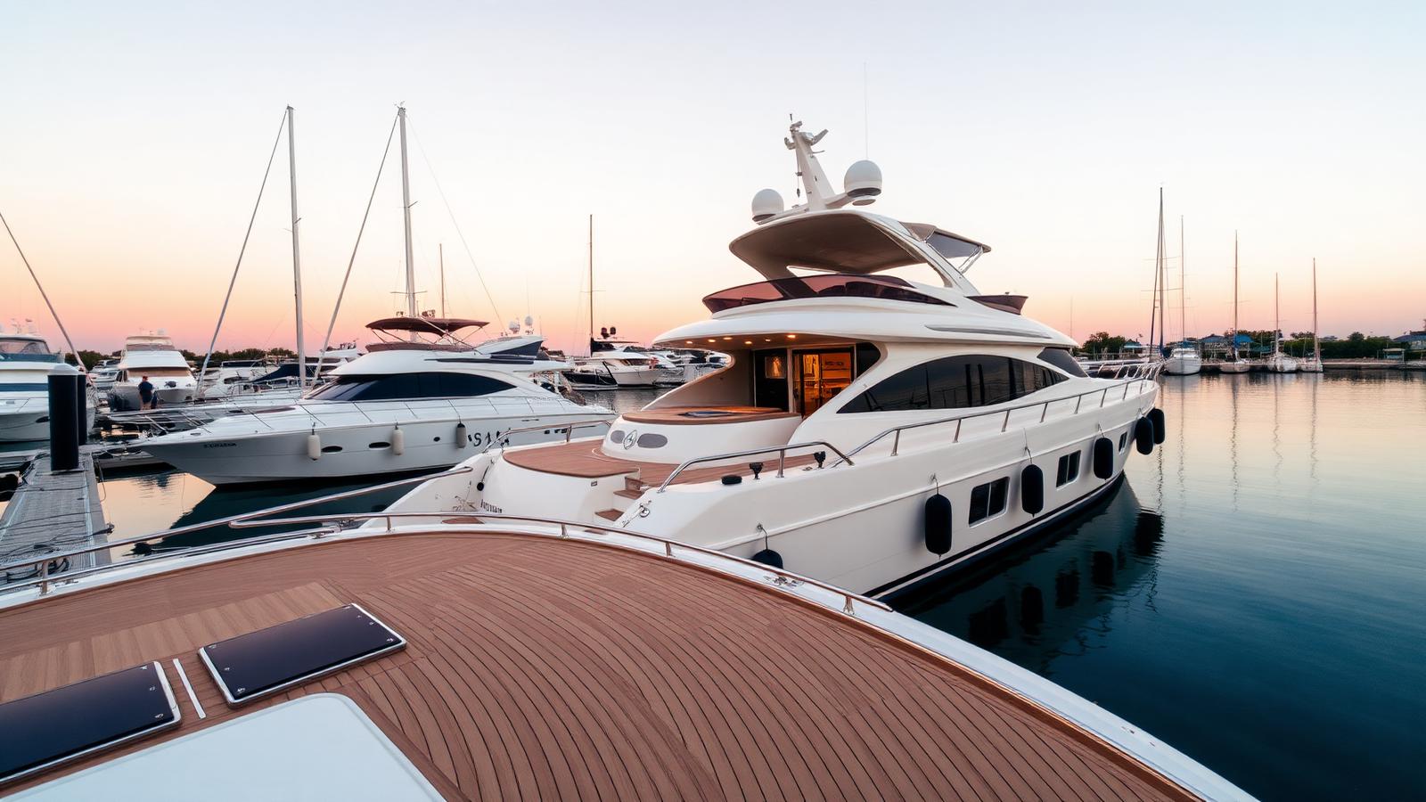 Motor yacht moored at a private marina at sunrise