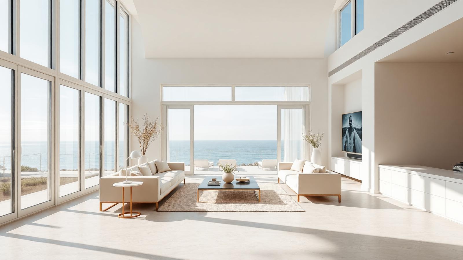 Sunlit living room of a coastal luxury residence