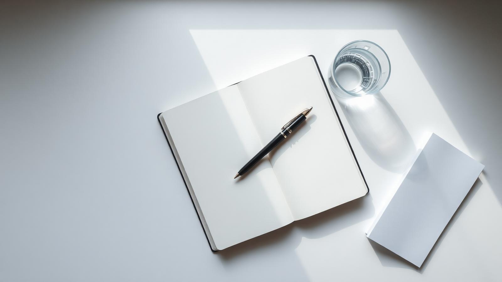 Open notebook and pen on a pale desk in soft natural light